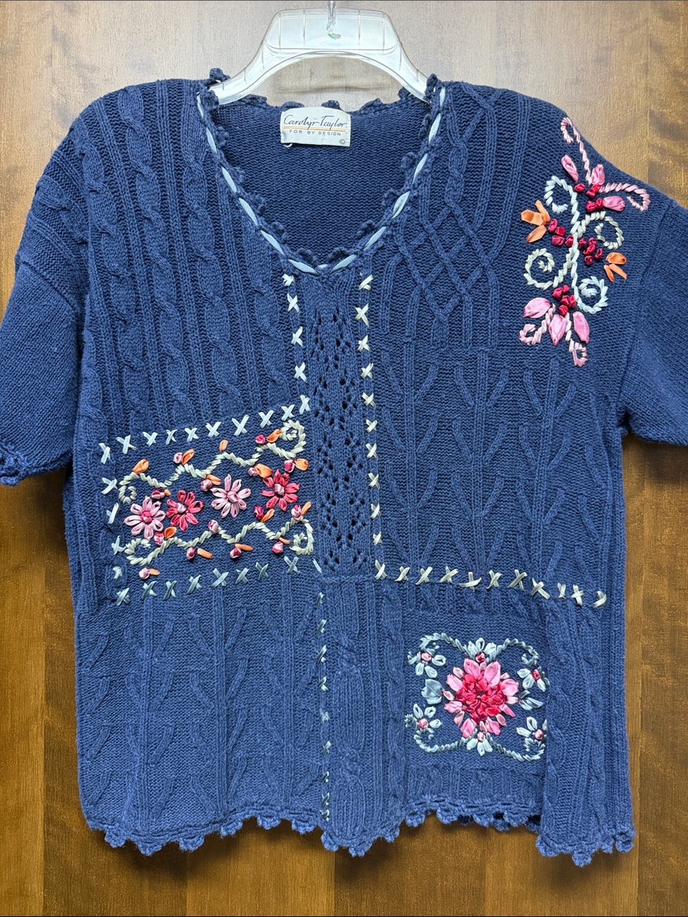 Carolyn Taylor Navy V-Neck Embroidered Cable-Knit Sweater